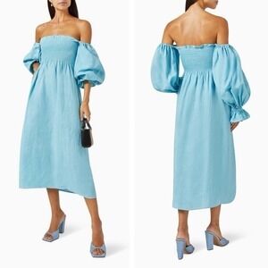 NWT Sleeper Atlanta Midi Dress Small Smocked Linen Turquoise Blue Puff Sleeve